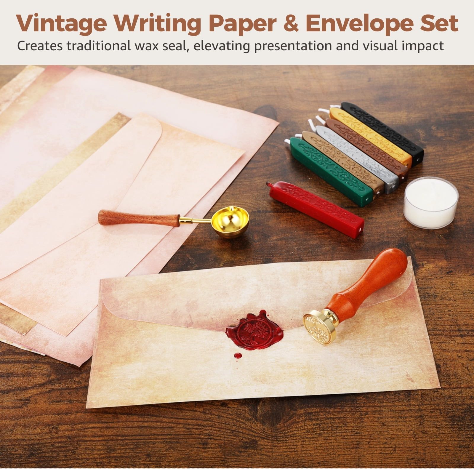 35PCS Vintage Writing Paper Envelope Set, Antique Style Stationery Kit with Wax Seal Stamp Sticks Spoon Tea Candles for Letters Wedding Festival Invitations Present Package DIY Crafts