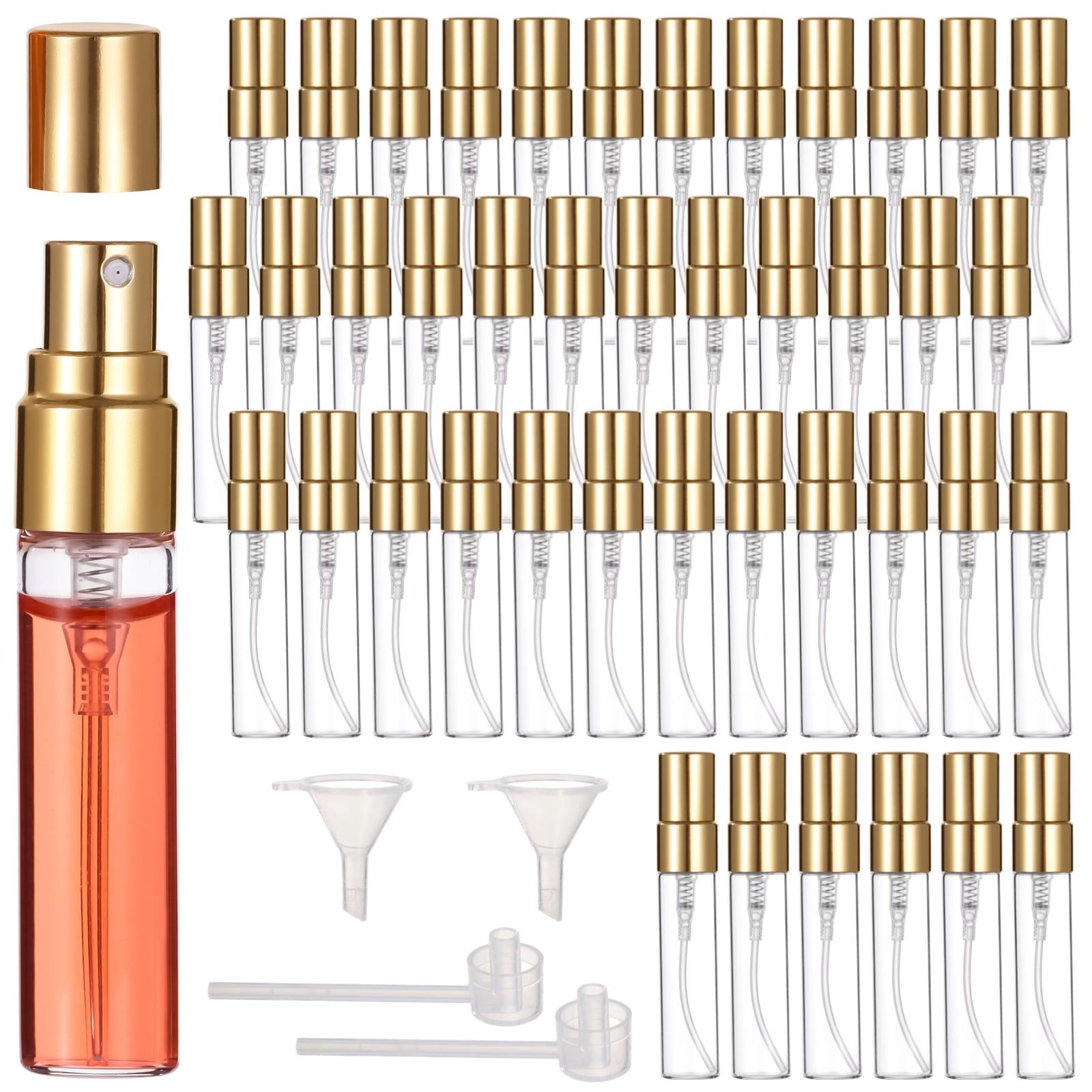 50PCS Mini Spray Bottles, 0.17oz/5ml Refillable Glass Perfume Bottles, Portable Travel Sample Containers with Caps, Fine Mist Atomizers with 2 Funnels and 2 Dispensers, Gold