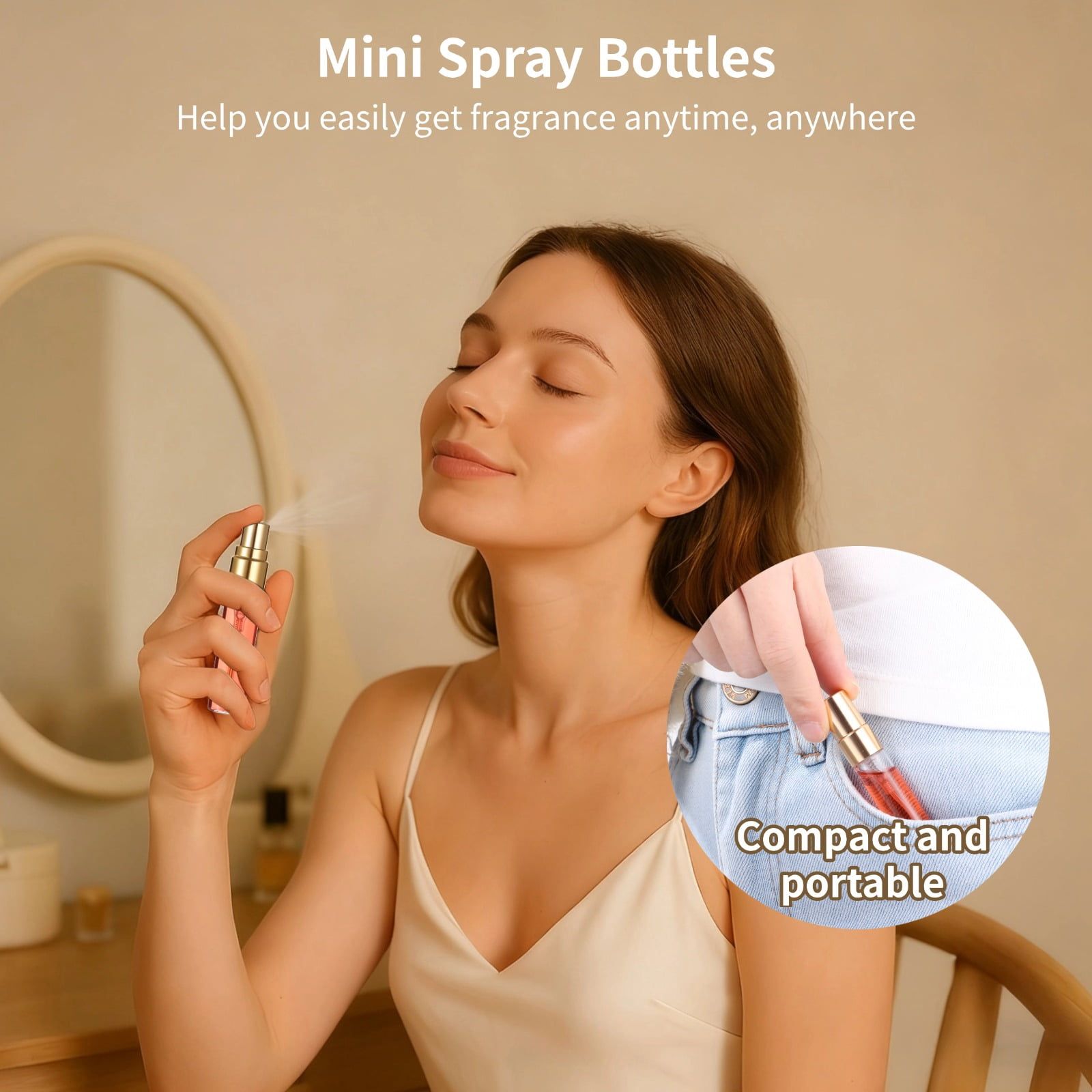 50PCS Mini Spray Bottles, 0.17oz/5ml Refillable Glass Perfume Bottles, Portable Travel Sample Containers with Caps, Fine Mist Atomizers with 2 Funnels and 2 Dispensers, Gold