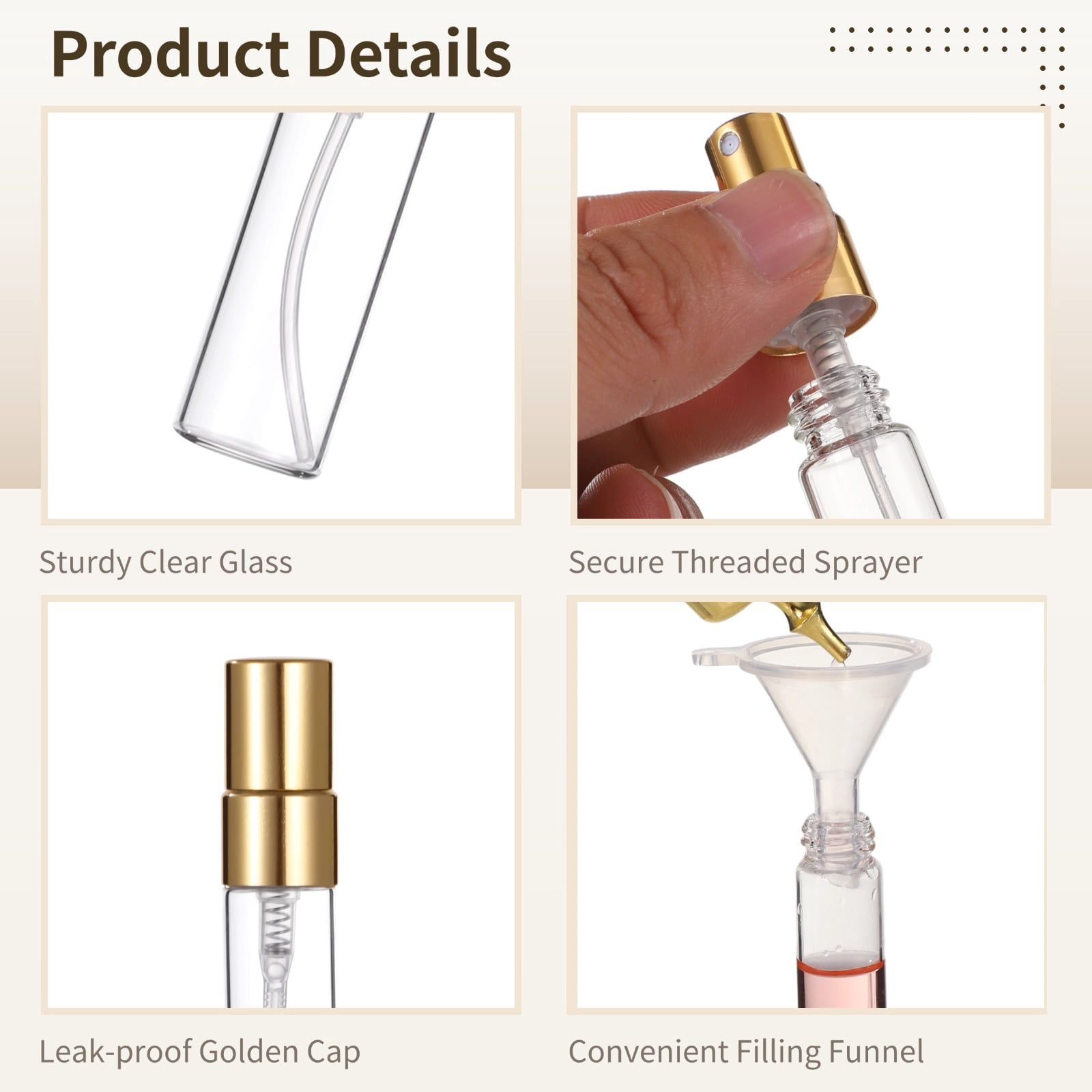 50PCS Mini Spray Bottles, 0.17oz/5ml Refillable Glass Perfume Bottles, Portable Travel Sample Containers with Caps, Fine Mist Atomizers with 2 Funnels and 2 Dispensers, Gold