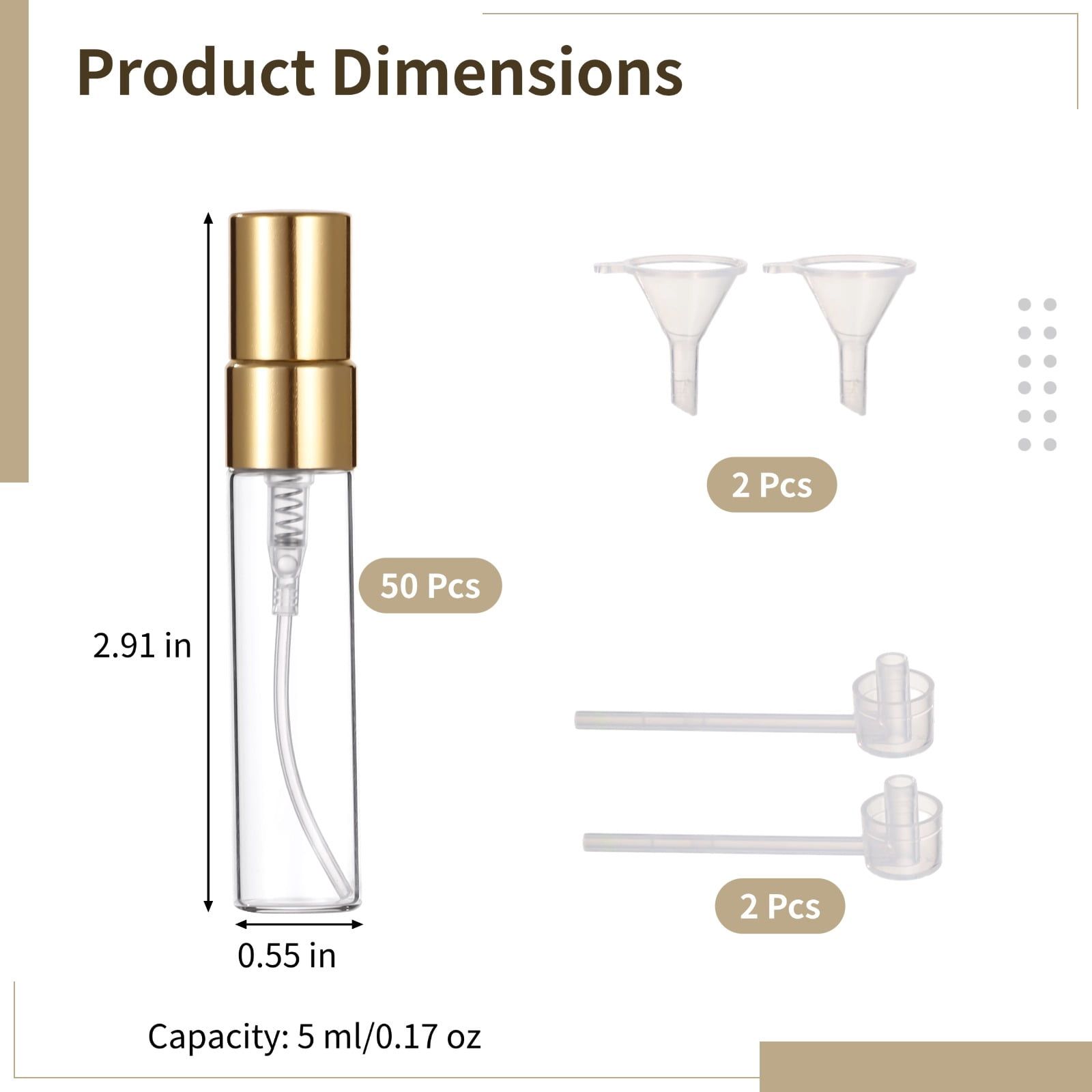 50PCS Mini Spray Bottles, 0.17oz/5ml Refillable Glass Perfume Bottles, Portable Travel Sample Containers with Caps, Fine Mist Atomizers with 2 Funnels and 2 Dispensers, Gold