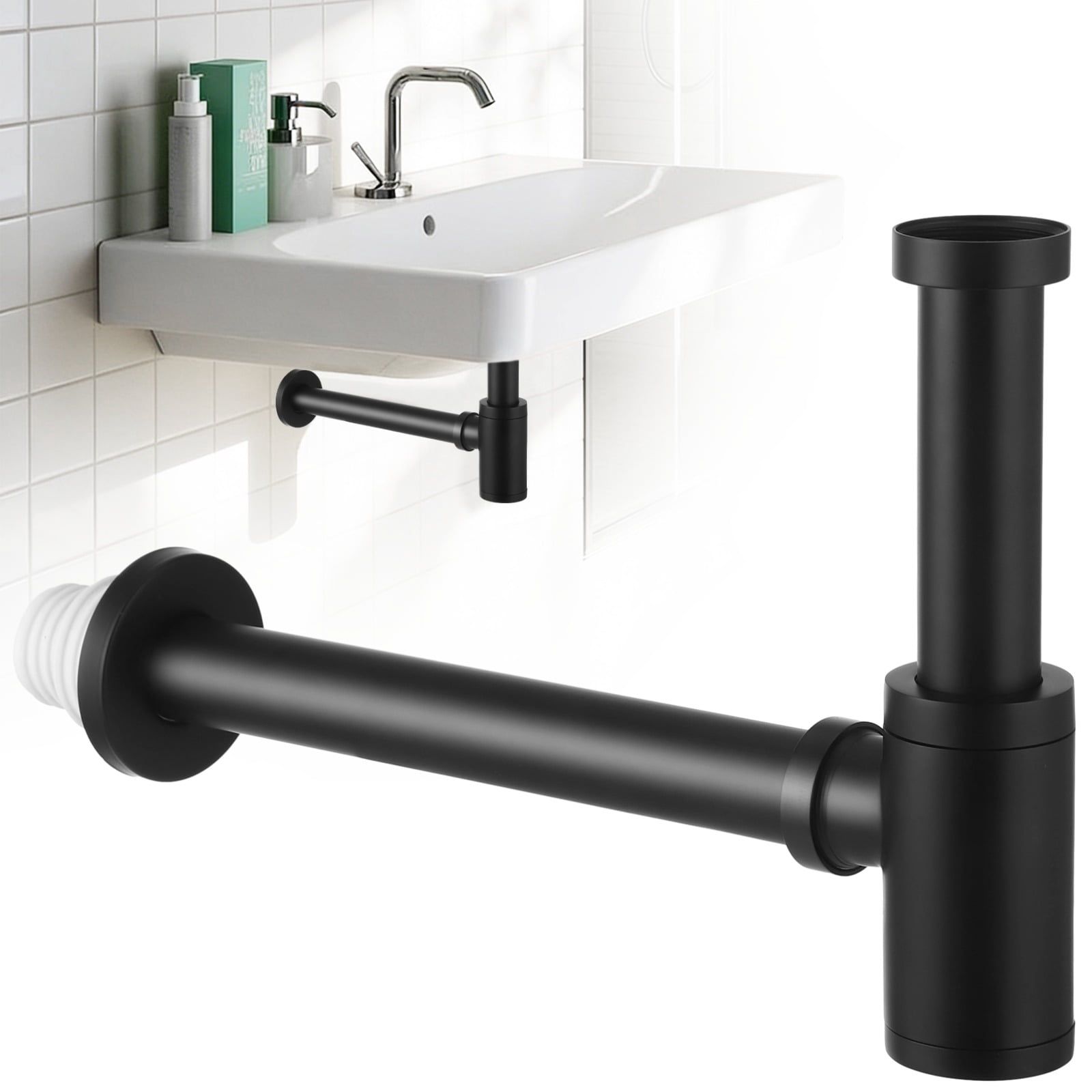 Brass Round Bottle P Trap, Matte Black Decorative Sink Drain Kit, Adjustable Height Bathroom Basin Waste Pipe, Wall Drainage Assembly for Vessel Sinks, Modern Plumbing Accessory