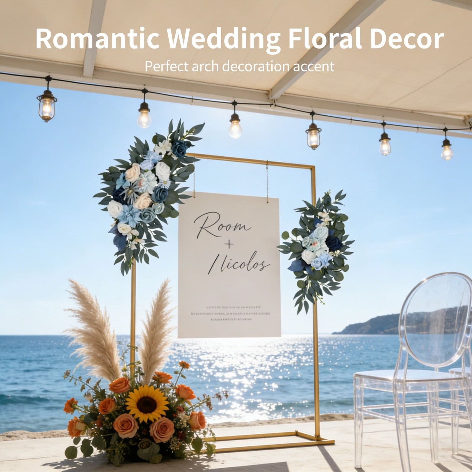 2PCS Artificial Floral Garlands Kit Blue and White Floral Swag Arrangement Large and Small Size for Wedding Arch Decoration