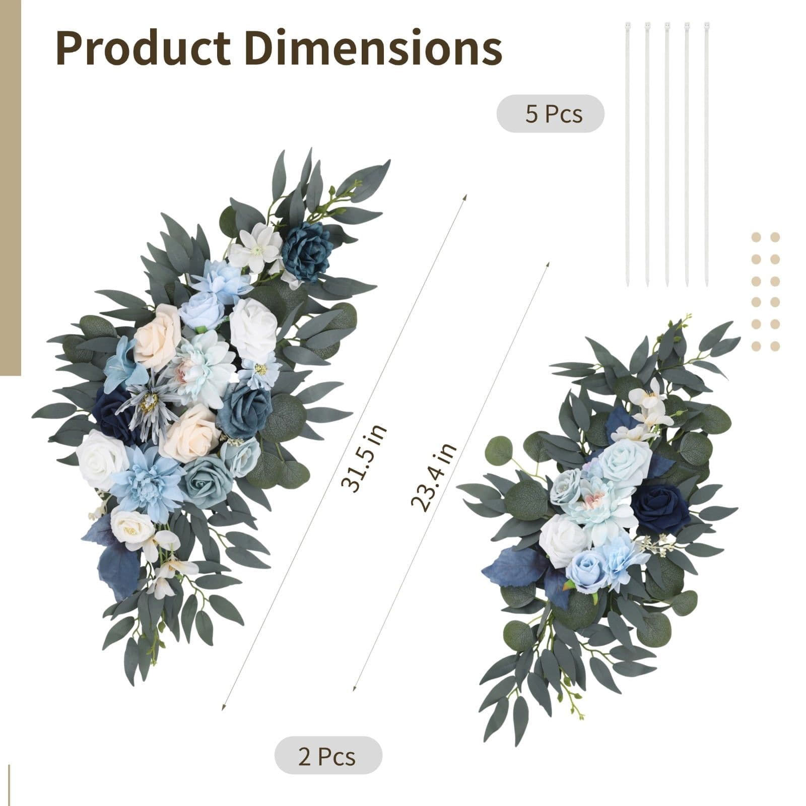 2PCS Artificial Floral Garlands Kit Blue and White Floral Swag Arrangement Large and Small Size for Wedding Arch Decoration