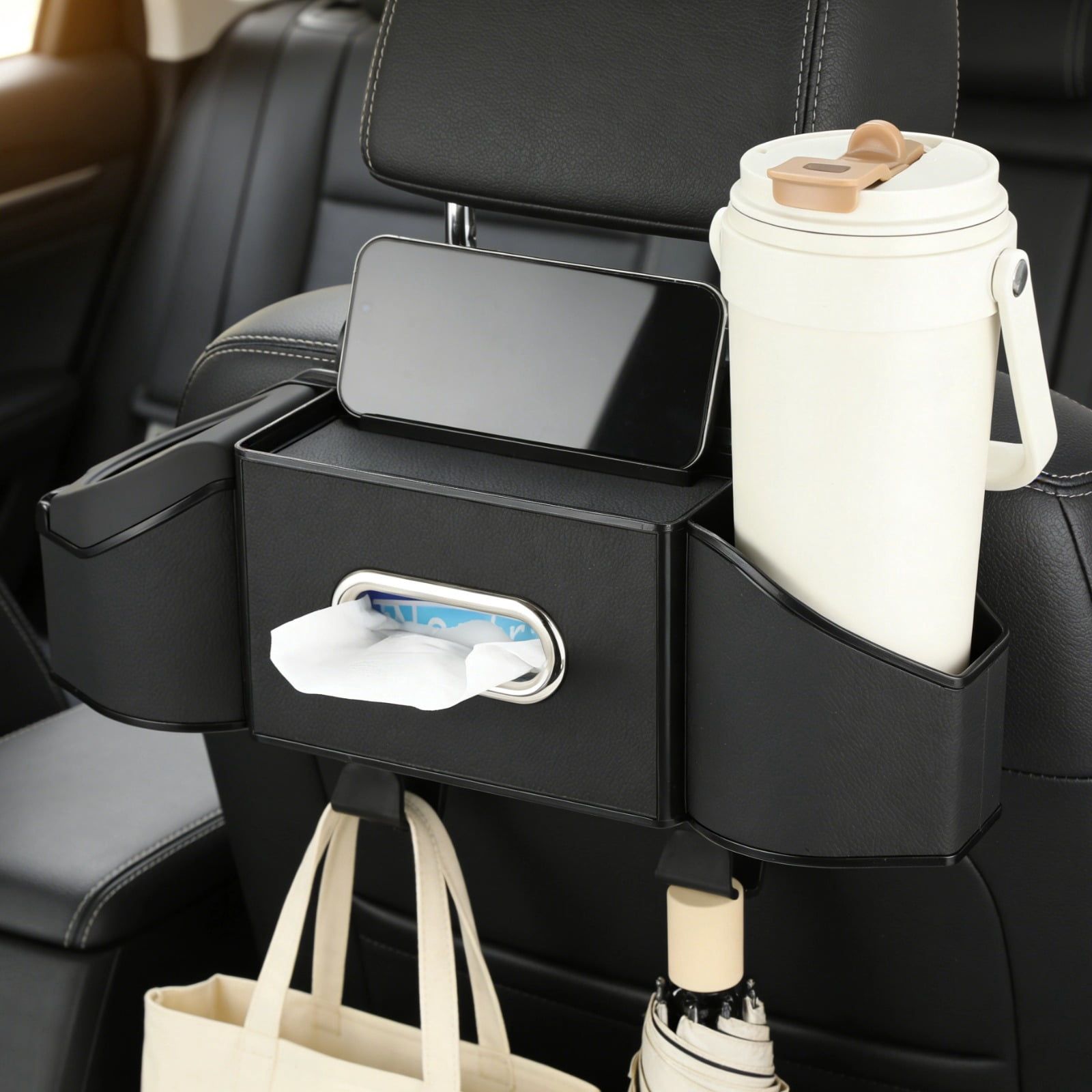 7-in-1 Car Seat Back Organizer, Multifunctional Storage with Cup Holder, Dual-Use Trash Can, Tissue Box, 2 Hooks, Easy to Install Back Seat Car Organizer