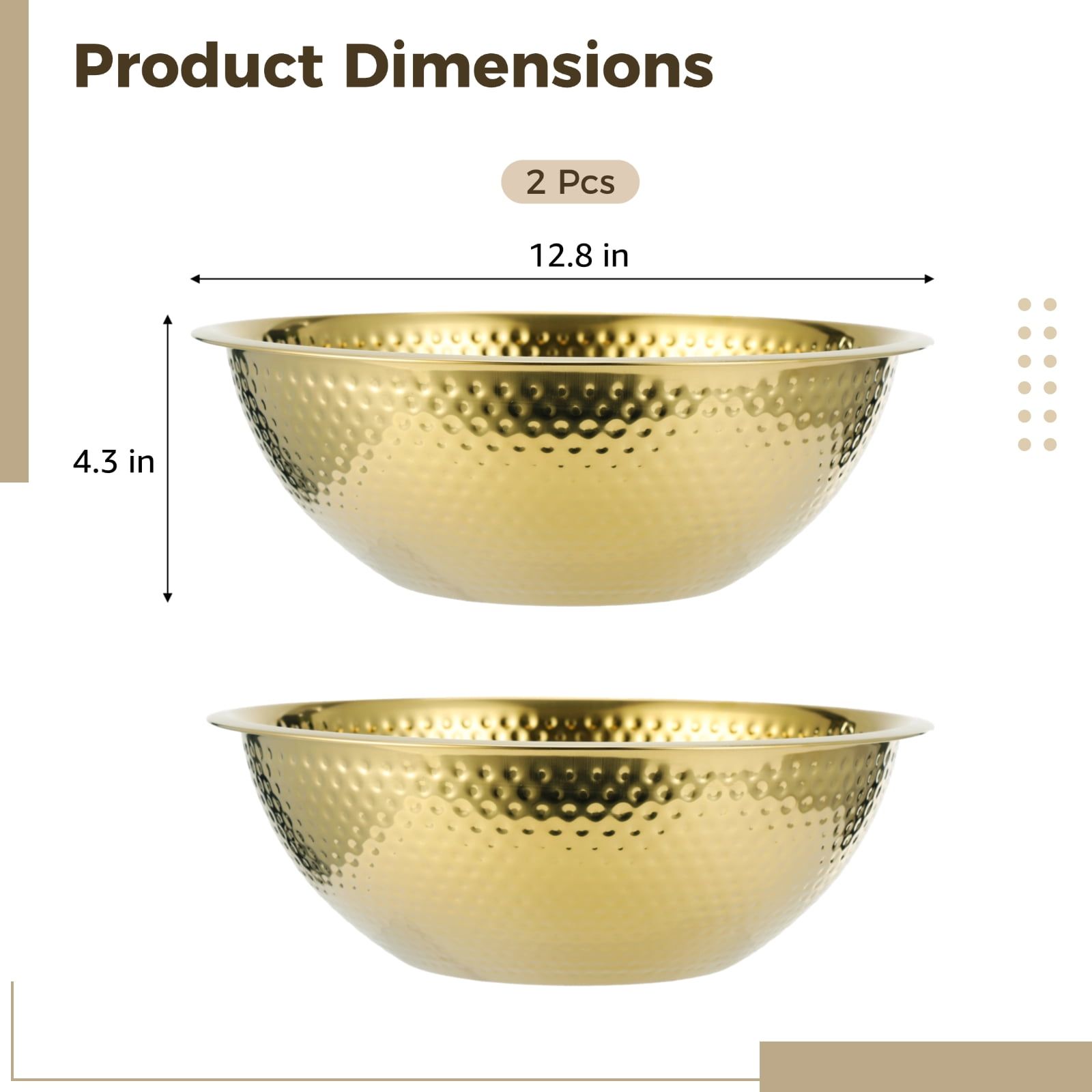 2PCS Golden Hammered Stainless Steel Salad Bowls, Large Round Mixing Bowls 12.8 x 4.3 in, Decorative Metal Serving Container for Fruit Salad Snacks Dessert Kitchen and Party Use