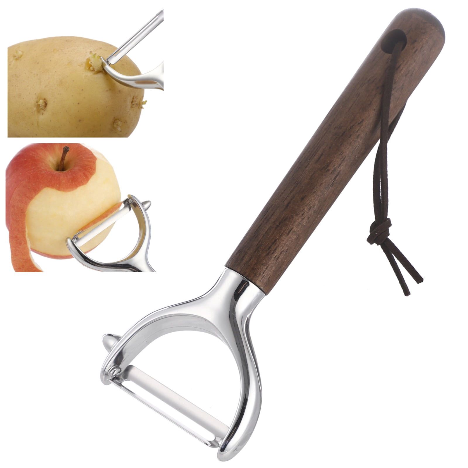 Stainless Steel Vegetable Peeler, 7.1 x 3.0 x 0.8 in Fruit Peeler with Swivel Cutting Edge, Side Potato Eye Remover and Walnut Wood Handle for Fruits, Carrots, Tomatoes, Vegetable