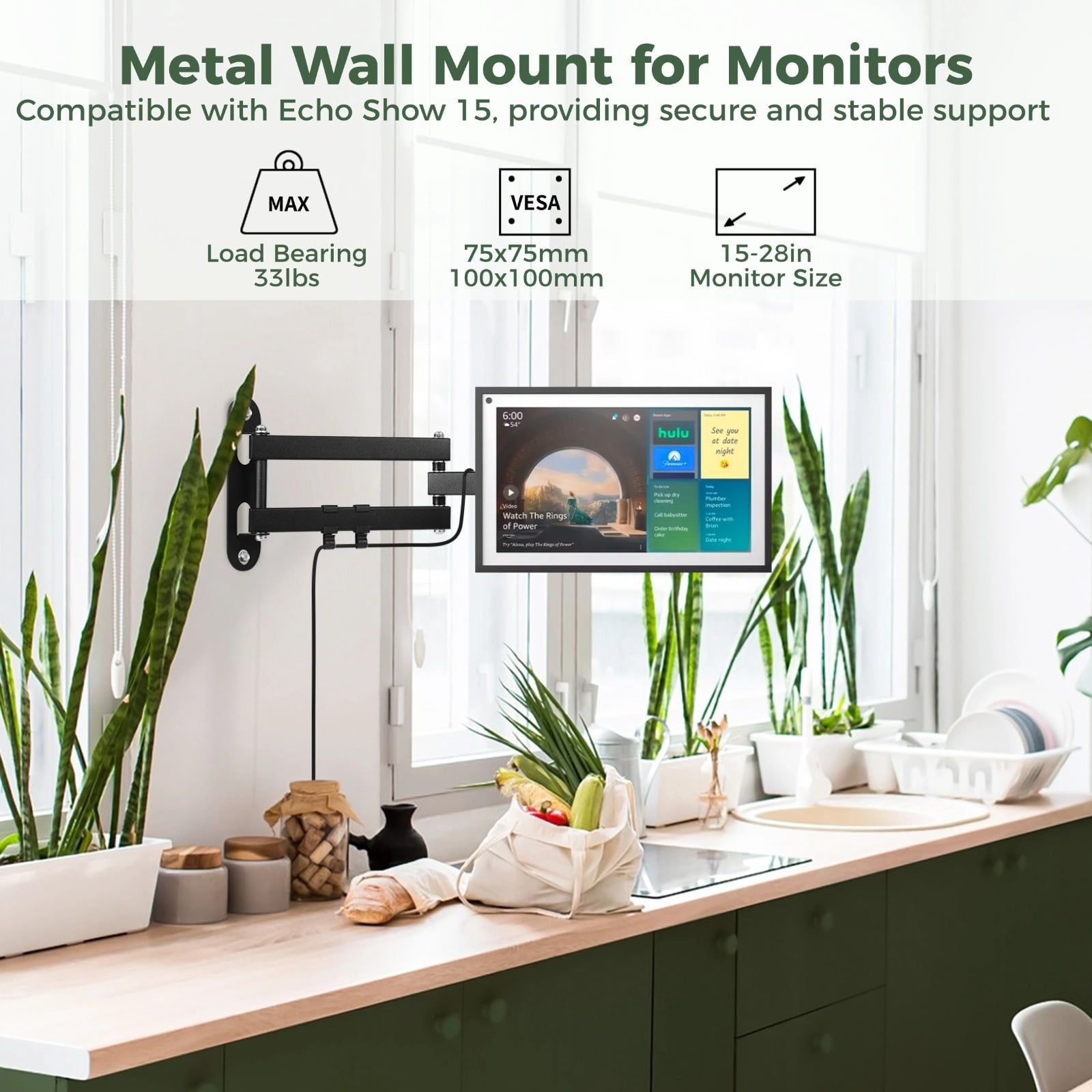 Wall Bracket for 15" to 28" Monitors, Adjustable Mounting Bracket with 3.5" to 16.5" Extension, Rotate 360 Degrees, Tilt up and down, Swivel Side to Side