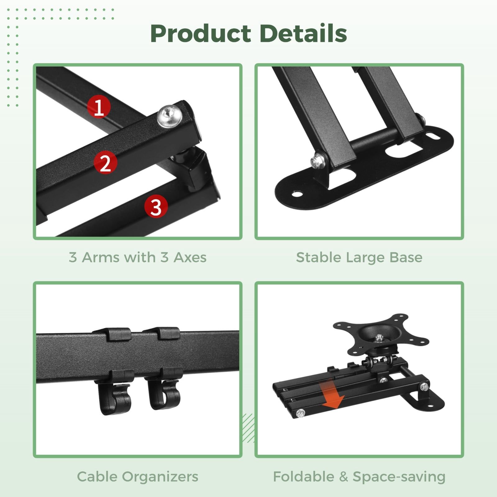 Wall Bracket for 15" to 28" Monitors, Adjustable Mounting Bracket with 3.5" to 16.5" Extension, Rotate 360 Degrees, Tilt up and down, Swivel Side to Side