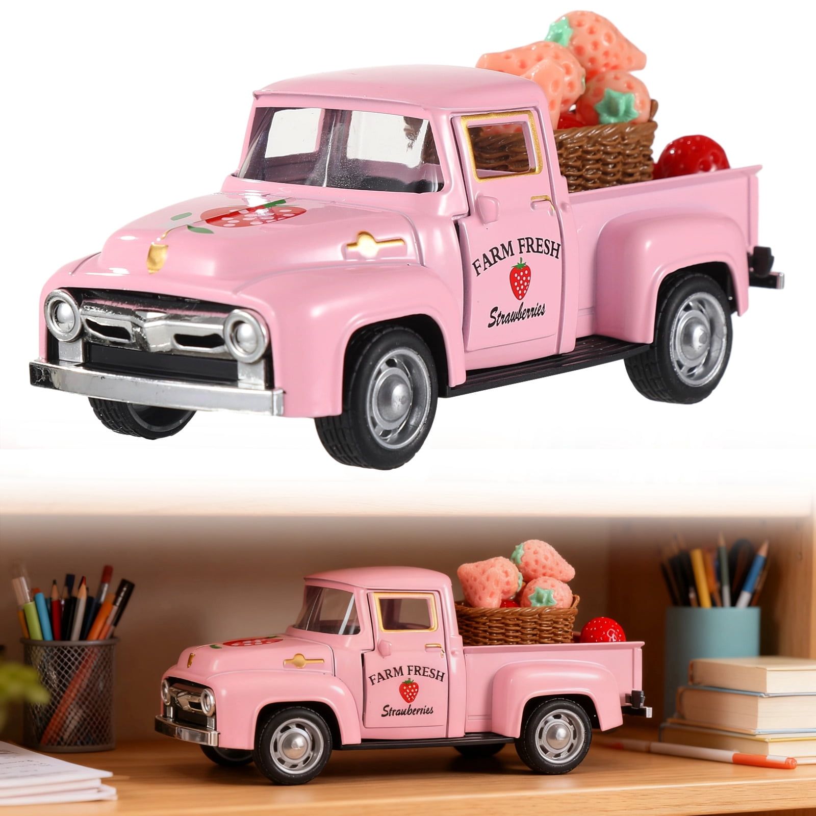 Vintage Pink Pickup Truck Decor with Strawberries, Metal Diecast Farmhouse Truck Decoration, Removable Strawberries, Tiered Tray Decor, Cute Strawberry Table Centerpiece