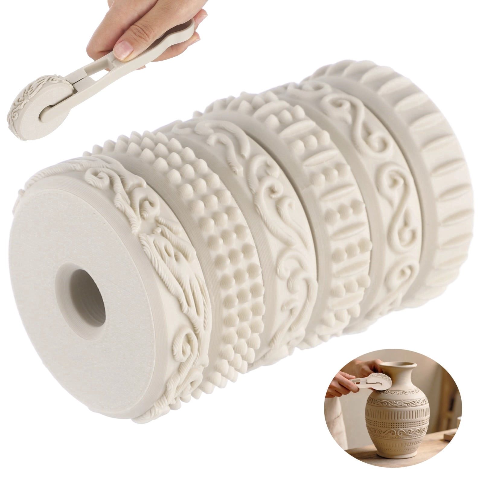 Clay Texture Rollers Set with Handle, 2.36" Diameter 6 Pattern Clay Textured Rolling Pins for Pottery, Dough, Fondant, Biscuit, Reusable Arts & Crafts