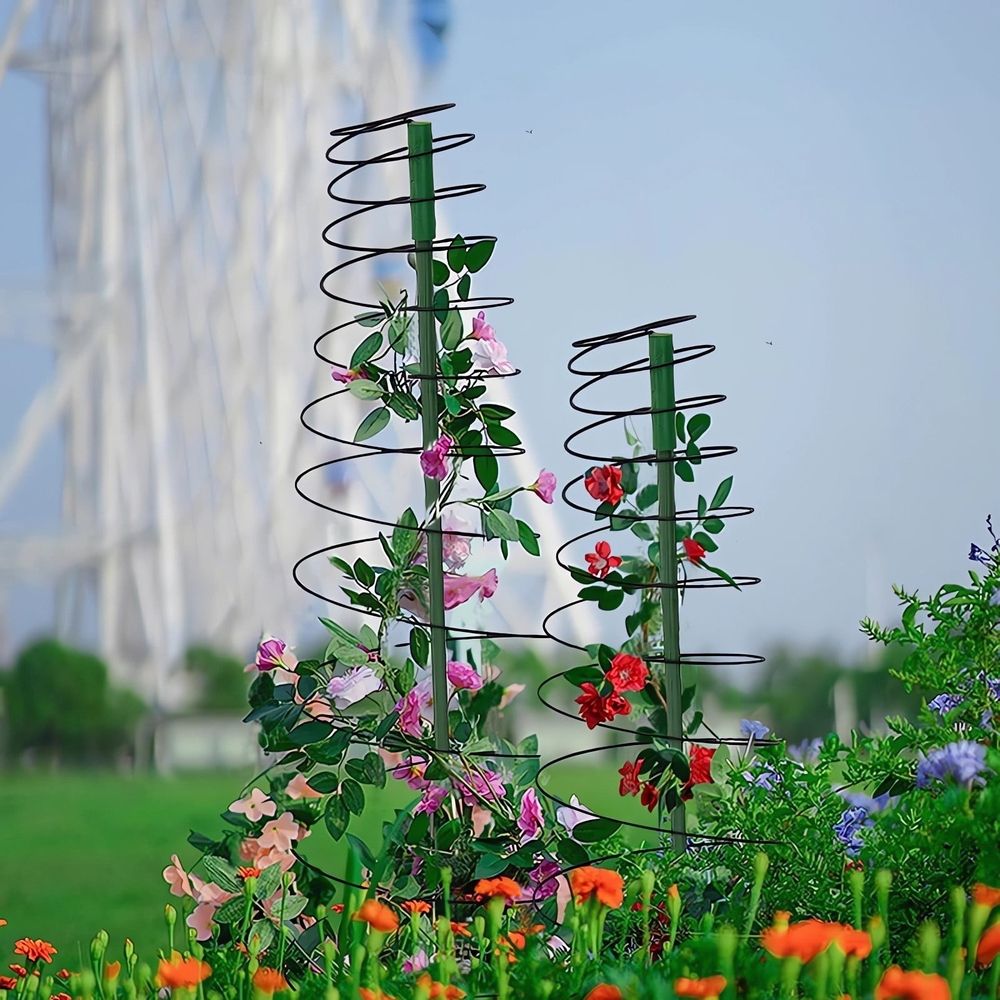 Rattan Climbing Plant Stand | 53.6" Tall Iron & Plastic Coil Ring Support | Expandable Garden Screw Stand for Vines & Flowers | Includes 3 Support Posts | Space-Saving Foldable Design