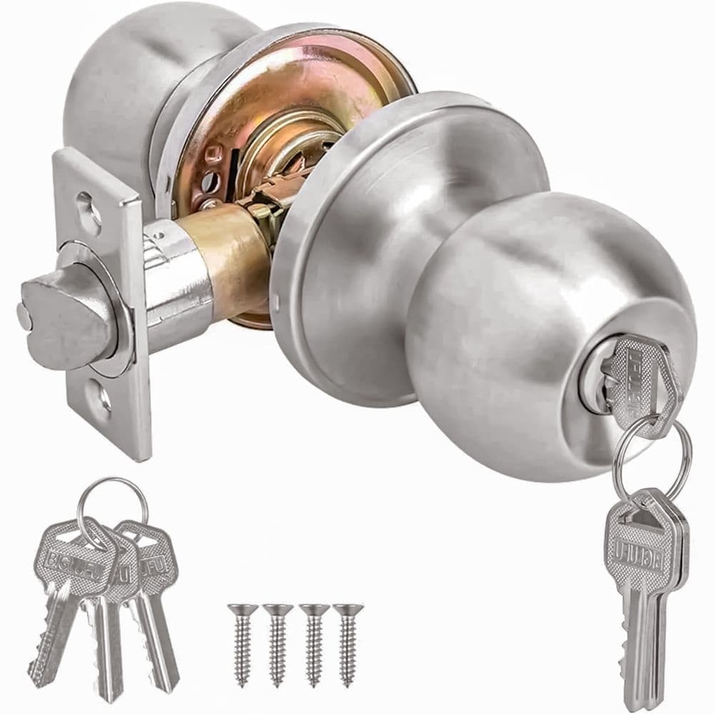 Doorknob,Entry Doorknobs Lock with Keys,for Front Door,Exterior and Interior Doors,Satin Nickel Finish