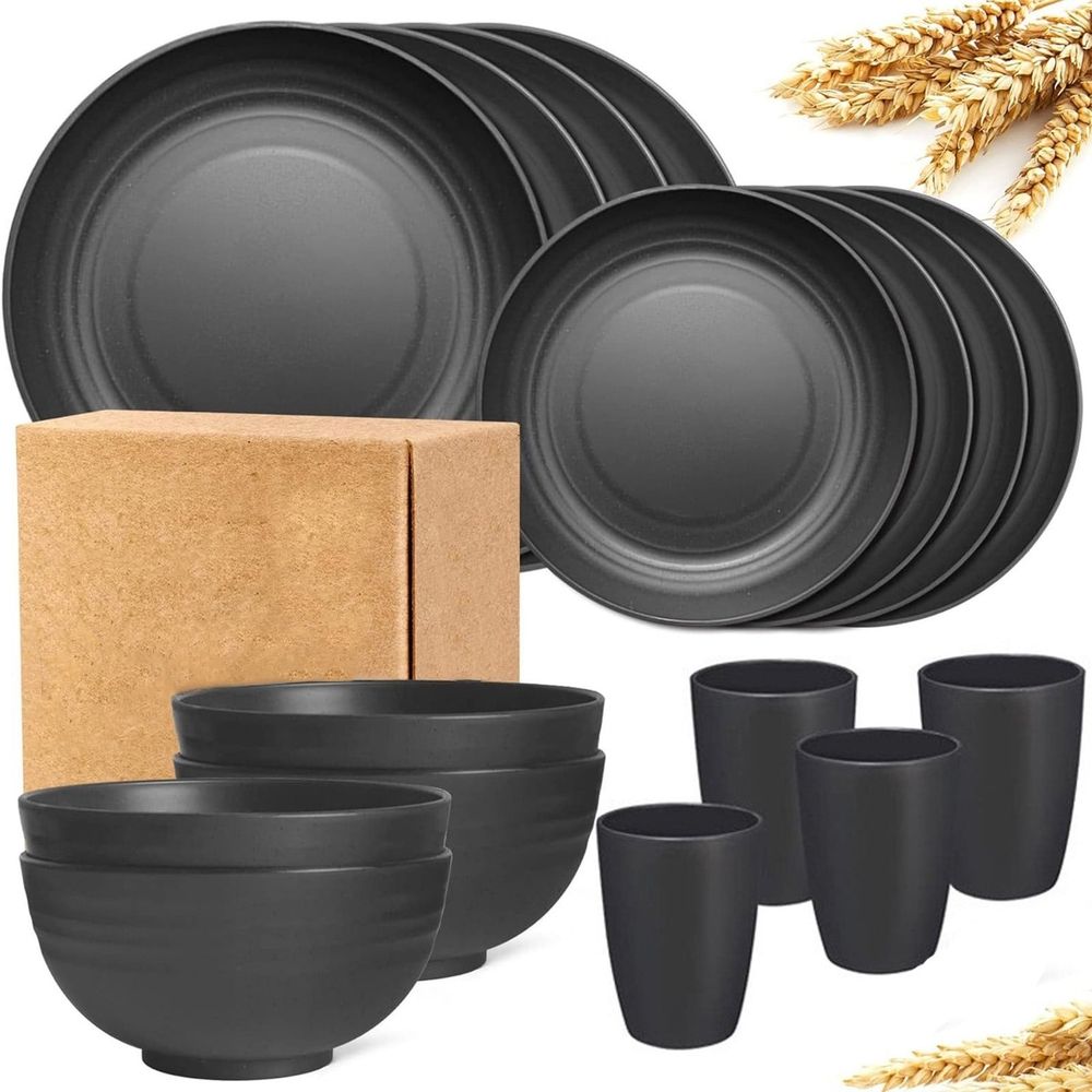 Plates and Bowls Sets, Unbreakable Dinnerware Sets, Dish Set for Camping, Outdoor Kitchen and Apartment Dorm Dinning Essentials (Black Set of 16)