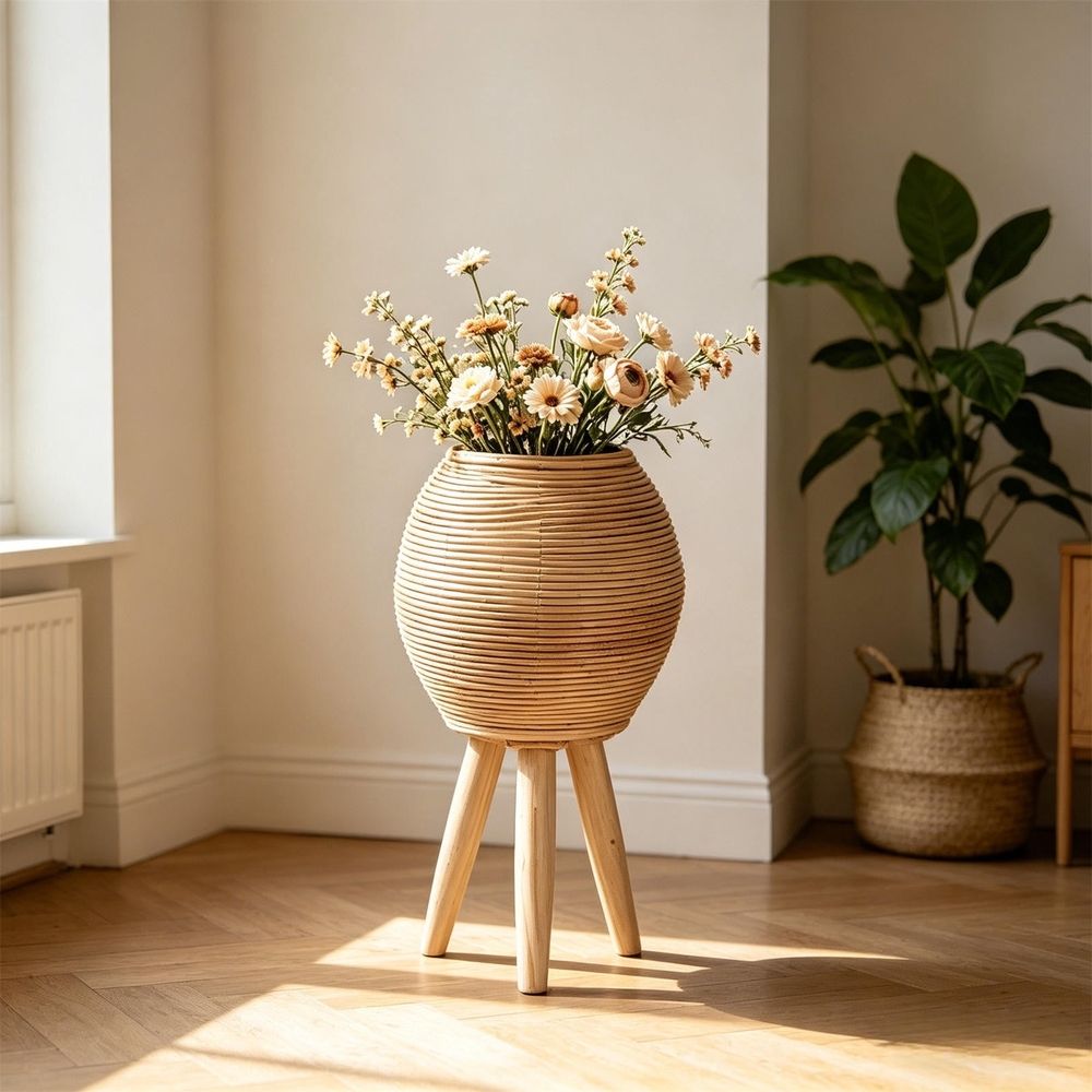 Wicker Plant Stand, Mini Rattan Woven Plant Stand with Wooden Legs for Indoor Plants, Light Brown Basket Plants Holder for Home Office Cafe Decorations