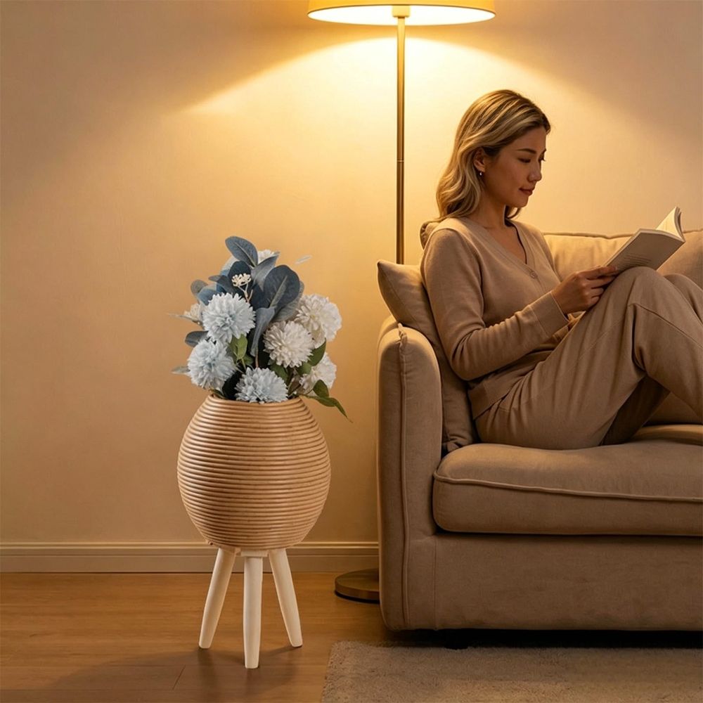 Wicker Plant Stand, Mini Rattan Woven Plant Stand with Wooden Legs for Indoor Plants, Light Brown Basket Plants Holder for Home Office Cafe Decorations