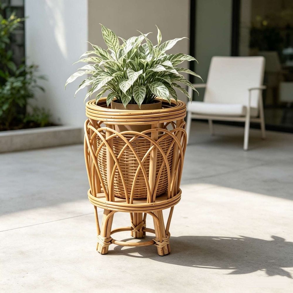 Boho Rattan Plant Stand, Wicker Planter Shelf for Multiple Plants, Mid Century Modern Wooden Flower Pot Holder with Stand, Farmhouse Home Decor for Living Room
