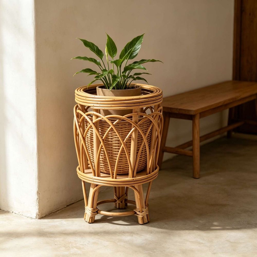 Boho Rattan Plant Stand, Wicker Planter Shelf for Multiple Plants, Mid Century Modern Wooden Flower Pot Holder with Stand, Farmhouse Home Decor for Living Room