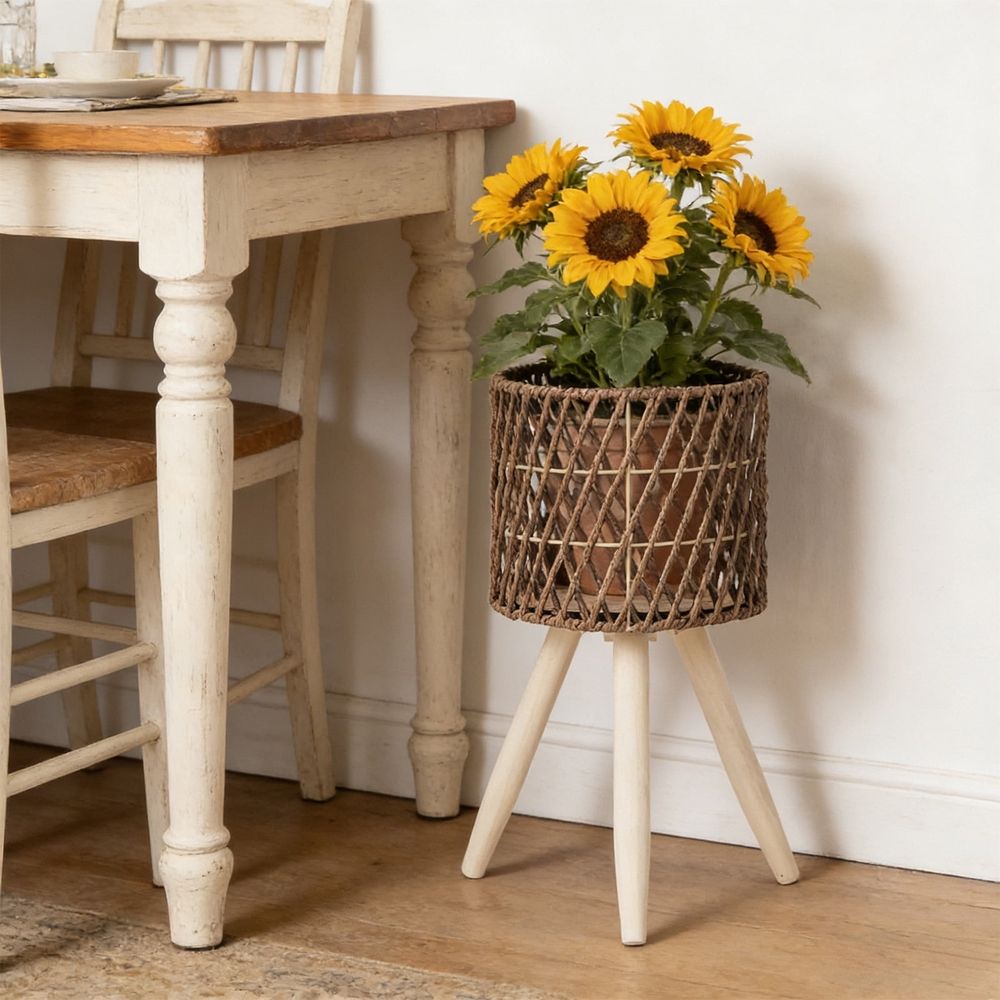 Boho Rattan Plant Stand, Handwoven Elevated Wicker Plant Baskets for Indoor Plants, Modern Wooden Planter Holder with Tripod Legs, Farmhouse Home Decor