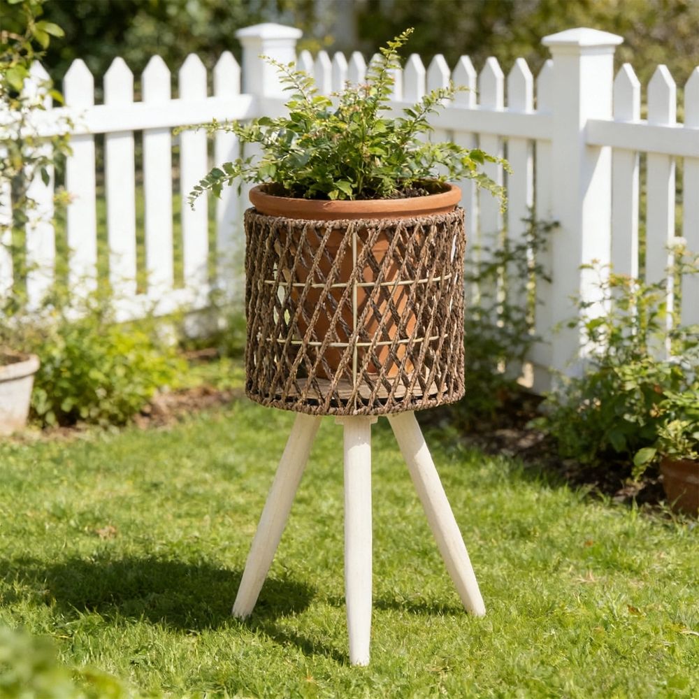 Boho Rattan Plant Stand, Handwoven Elevated Wicker Plant Baskets for Indoor Plants, Modern Wooden Planter Holder with Tripod Legs, Farmhouse Home Decor