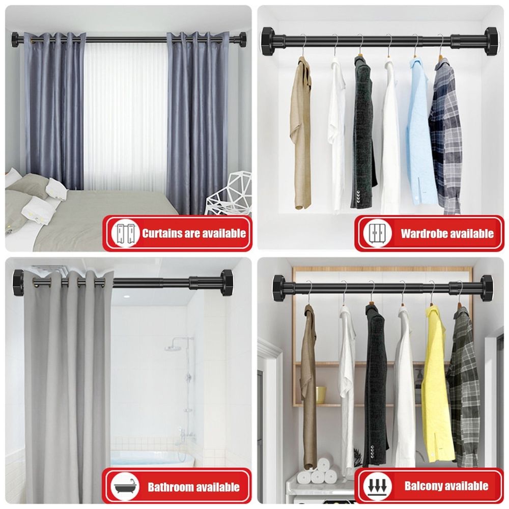 Adjustable Shower Curtain Rod | No-Drill Stainless Steel Tension Pole | 50-80cm Telescoping Design | Space-Saving Bathroom Organizer | Heavy-Duty Metal Rail for Curtains & Drying | Black Finish