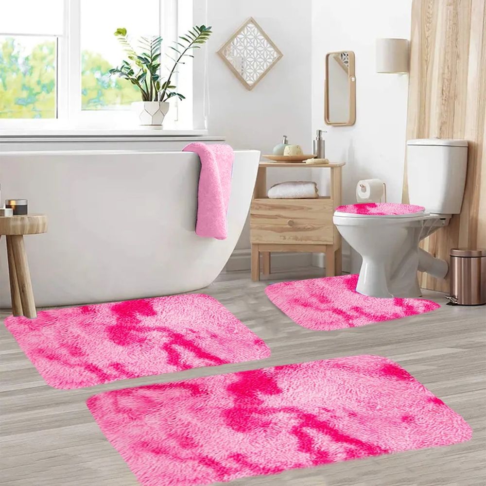 4 Piece Soft Bath Mat Set Non Slip Absorbent Rug for Bathroom Shower Toilet Flooring(Pink)