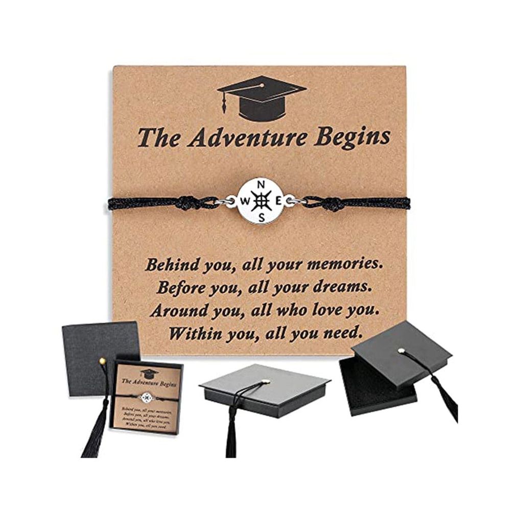 Graduation Compass Bracelet Gift Set, Inspirational Quote Card with Graduation Hat Box, Adjustable Woven Bracelet for Graduates, A