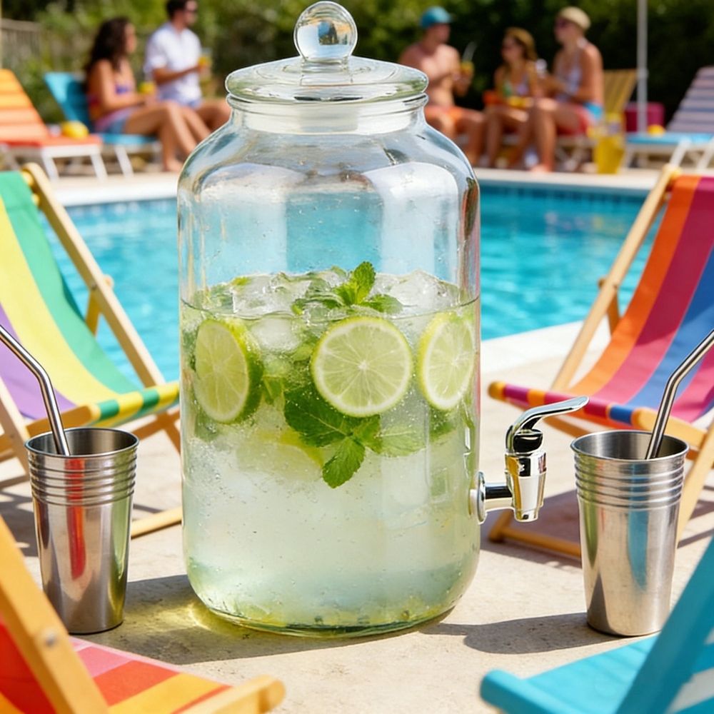 Thickened Glass Drink Dispenser with Spigot, Transparent Beverage Jar for Home Kitchen Fridge, Outdoor Patio Party Cold Water Juice Wine Storage, 101oz