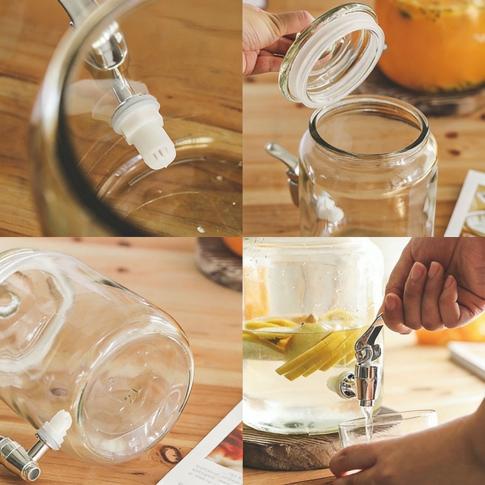 Thickened Glass Drink Dispenser with Spigot, Transparent Beverage Jar for Home Kitchen Fridge, Outdoor Patio Party Cold Water Juice Wine Storage, 101oz