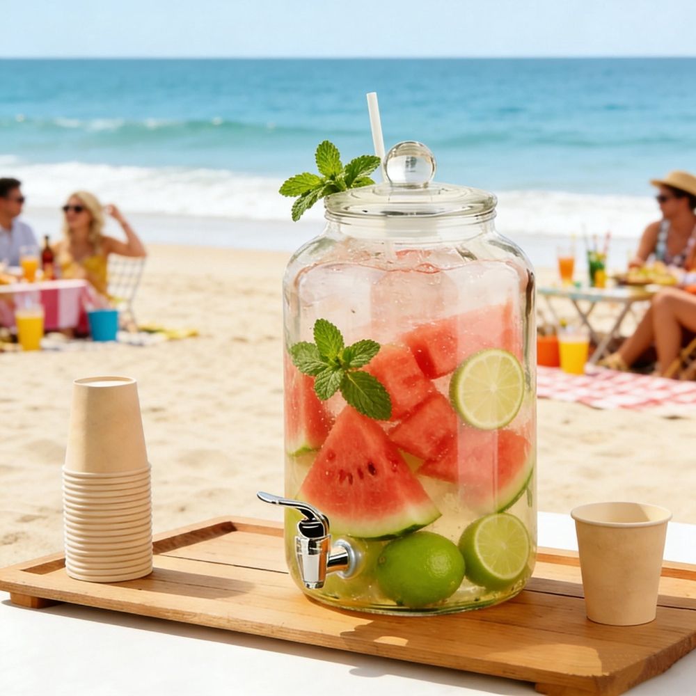 Thickened Glass Drink Dispenser with Spigot, Transparent Beverage Jar for Home Kitchen Fridge, Outdoor Patio Party Cold Water Juice Wine Storage, 101oz