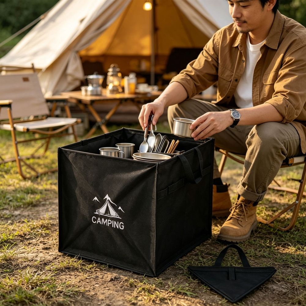 Foldable Camping Storage Bin Organizer with Handles Portable Waterproof Outdoor Container for Cookware Gear Accessories