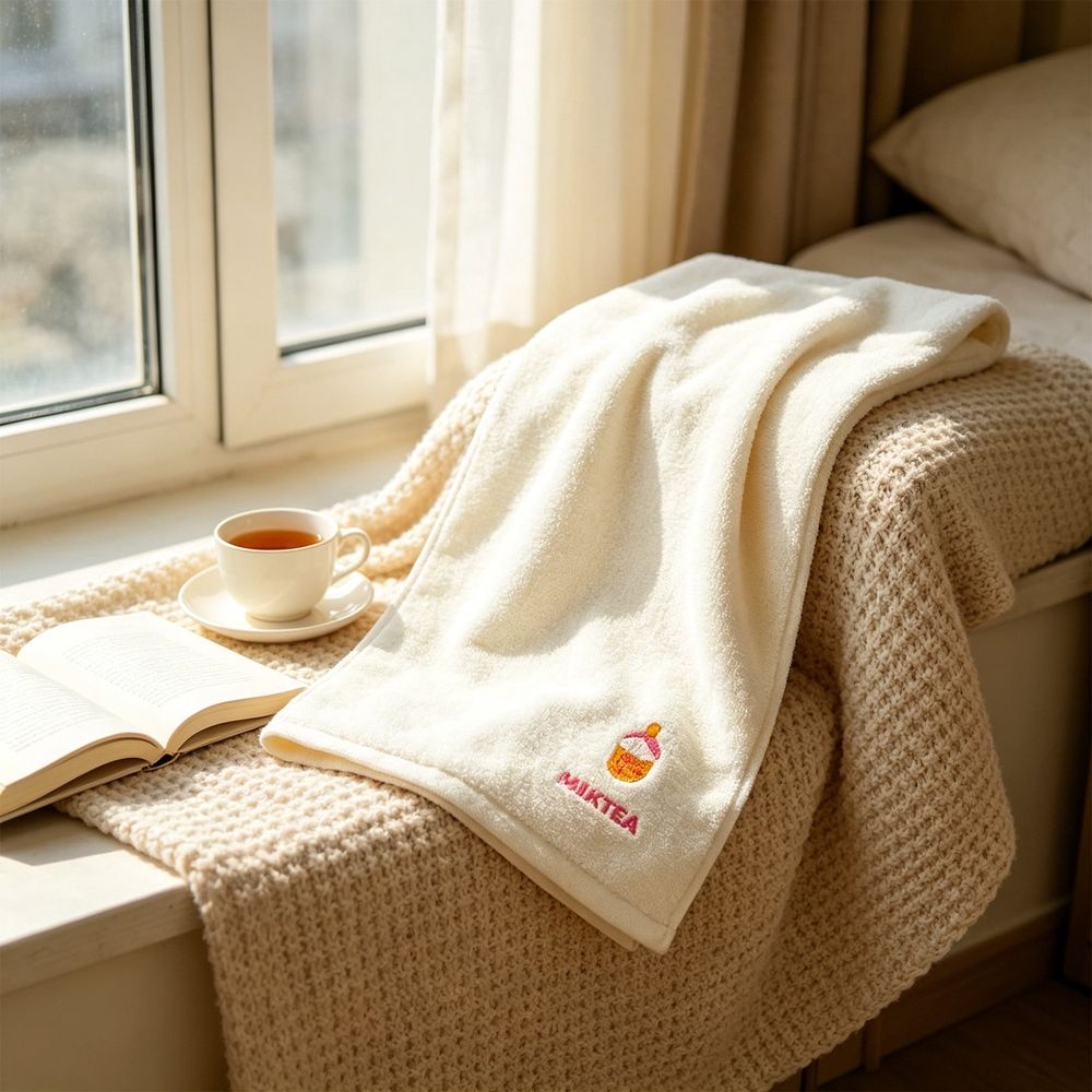Soft Cotton Face Towel with Milk Tea Embroidery, Absorbent Quick-Drying Hand Towel for Bathroom, Home, Gym & Daily Use, Cute Washcloth, White