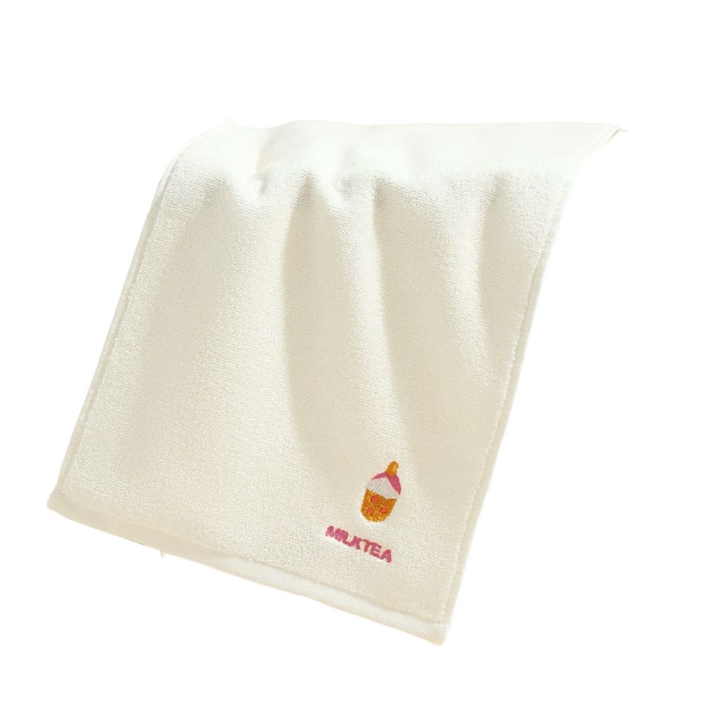 Soft Cotton Face Towel with Milk Tea Embroidery, Absorbent Quick-Drying Hand Towel for Bathroom, Home, Gym & Daily Use, Cute Washcloth, White