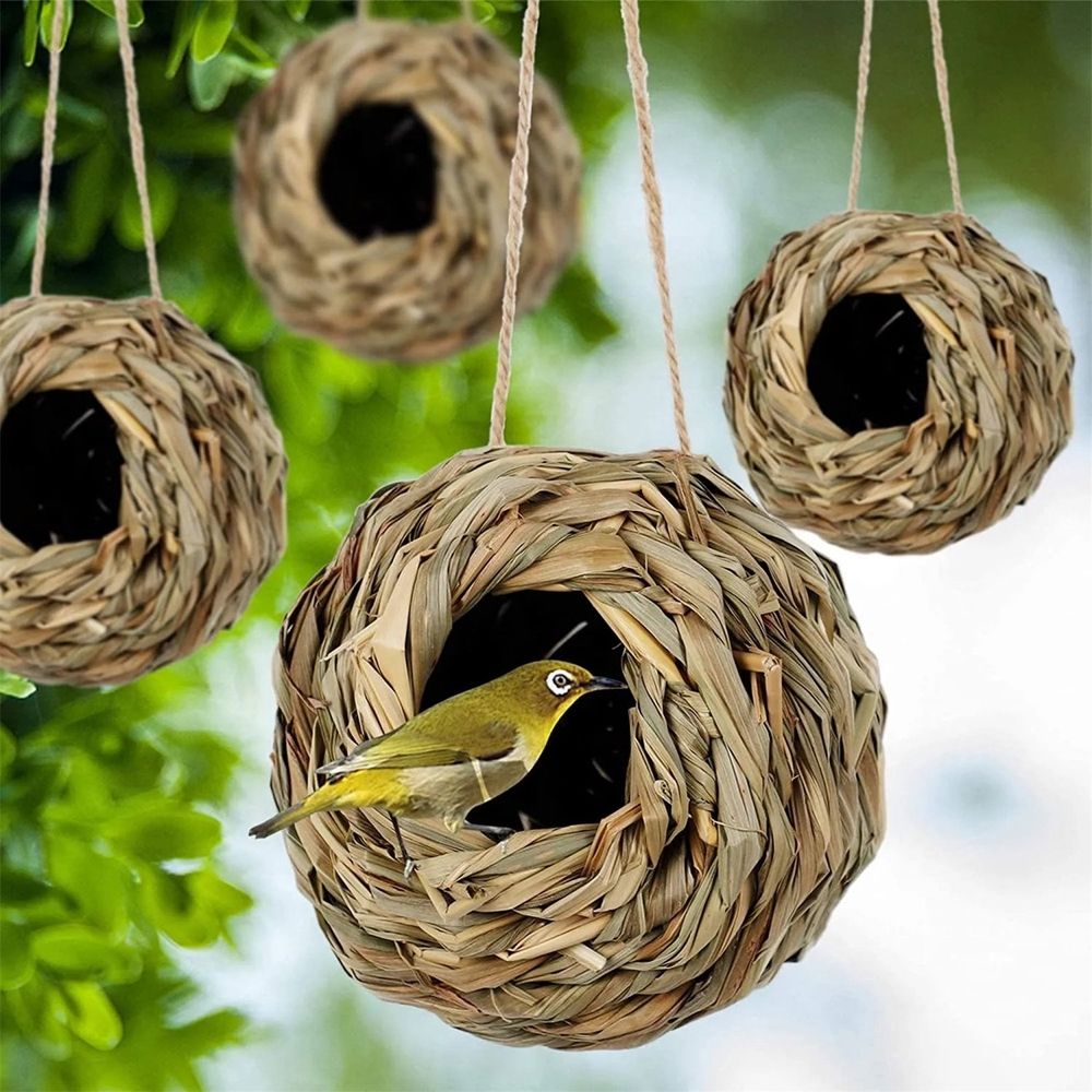 Hand Woven Hummingbird Nest, Natural Grass Hanging Bird House, Weatherproof Shelter for Outdoor Garden Yard Decoration, S:4.7x4.7in