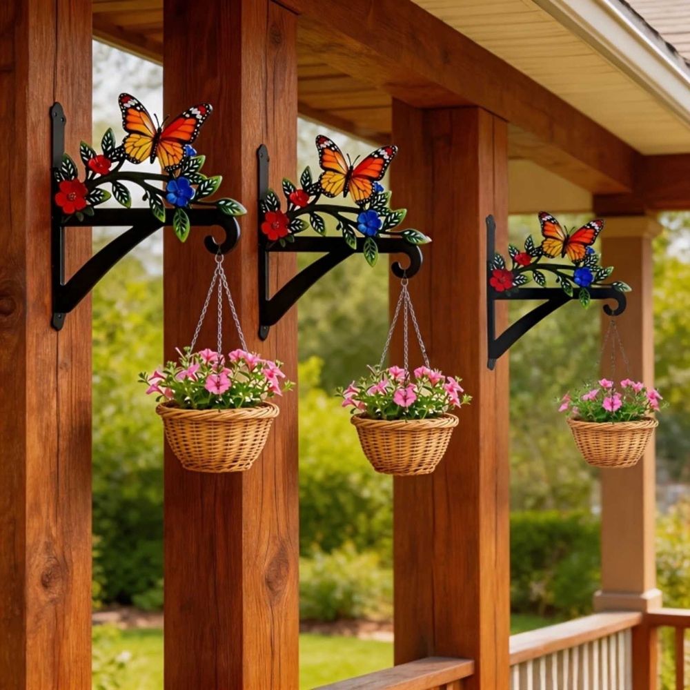 Plant Hangers Outdoor, Iron Garden Hook with Butterfly & Flower Design, Plant Hanger Bracket for Walls, Porches, Balconies, Rust-Proof & Waterproof