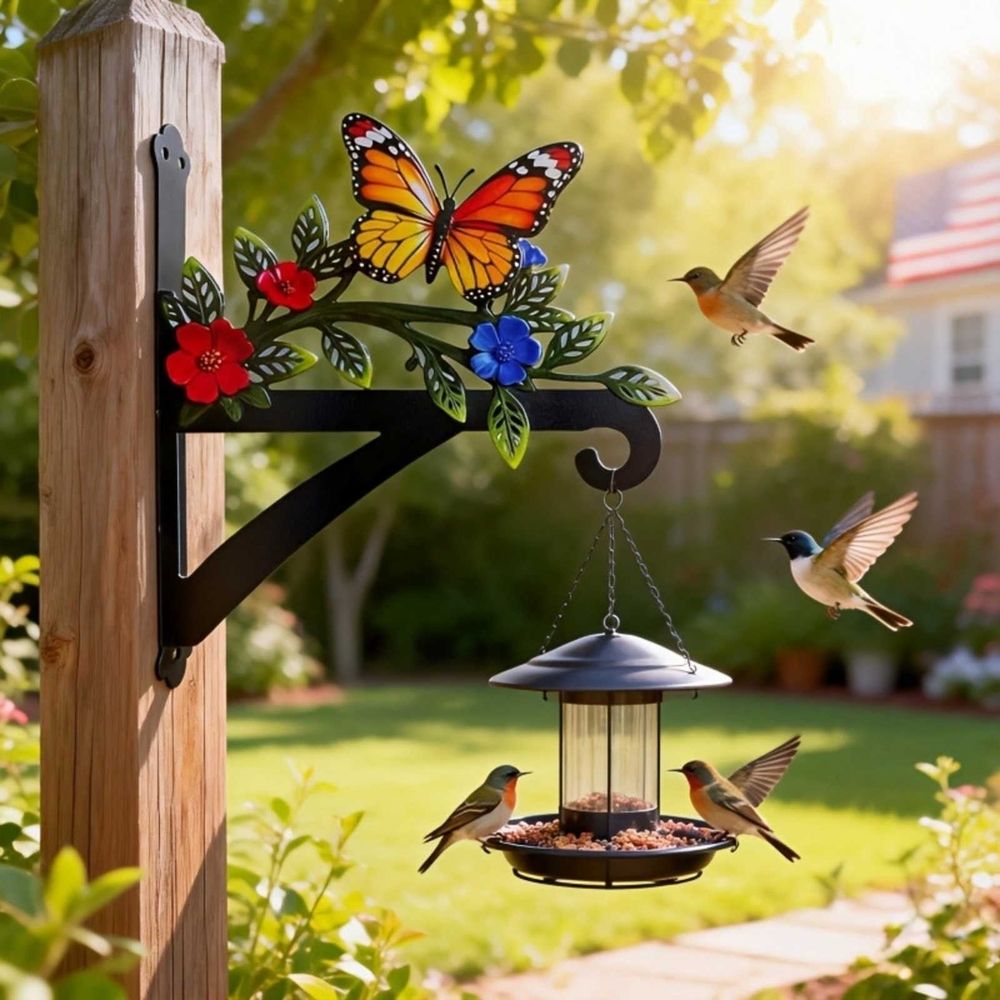 Plant Hangers Outdoor, Iron Garden Hook with Butterfly & Flower Design, Plant Hanger Bracket for Walls, Porches, Balconies, Rust-Proof & Waterproof