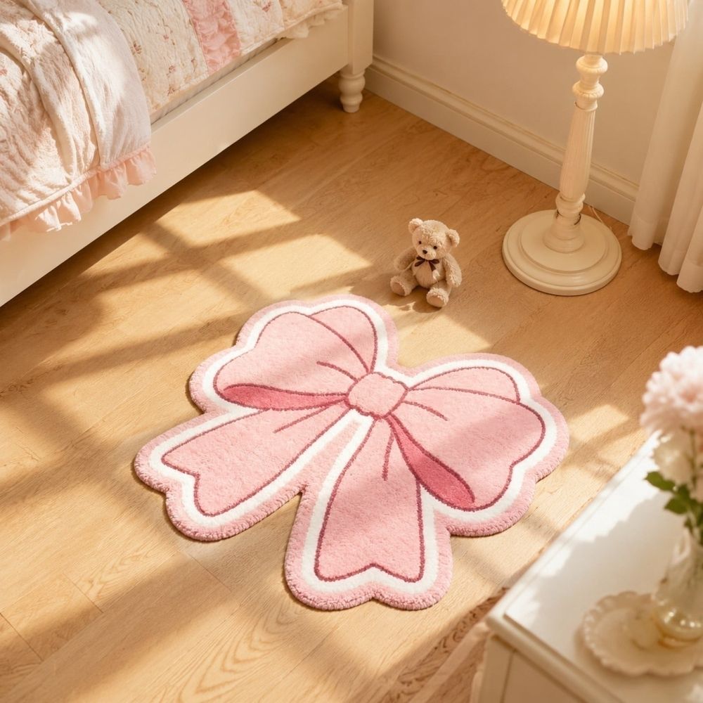 Bow Shaped Plush Floor Mat Non Slip Faux Fur Absorbent Soft Bedroom Rug Washable Window Decor Accent Mat