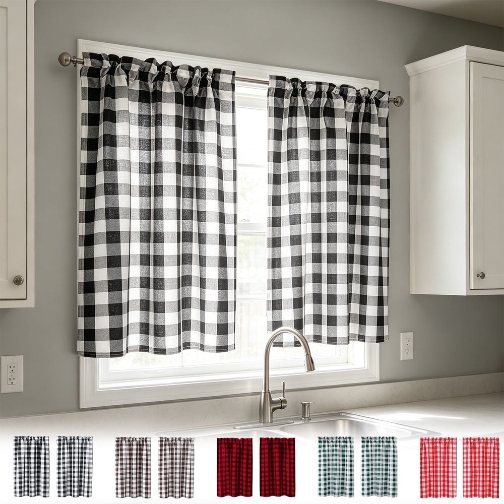 Plaid Print Light Filtering Short Coffee Curtains 2 Pieces, Nylon Cover Window Curtain 39.37x27.56in, Heat Insulating Drape for Basement Kitchen Indoor Home Decor, Wine