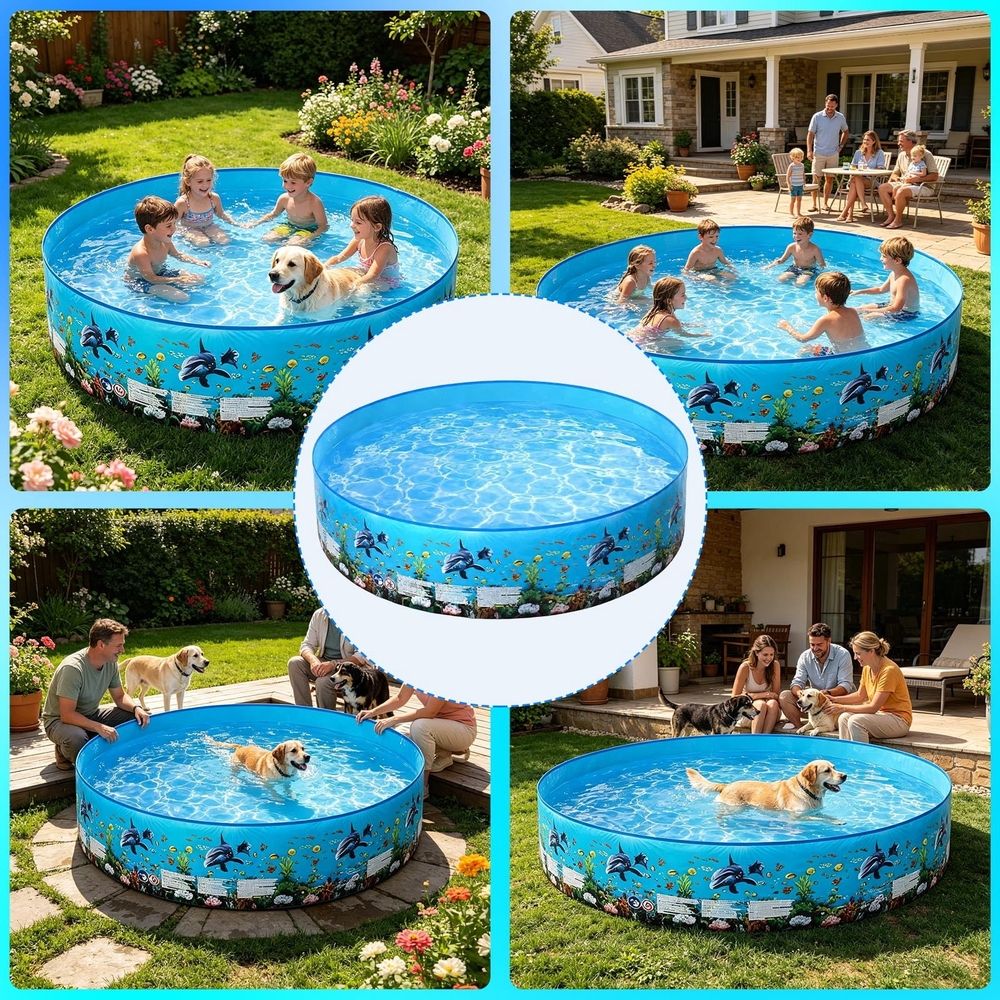 Kiddie Pool 60x10inch, Round No Inflatable Foldable Thick Pvc Water Tub, Ocean Print Portable Play Pool for Kids Pet Backyard Summer
