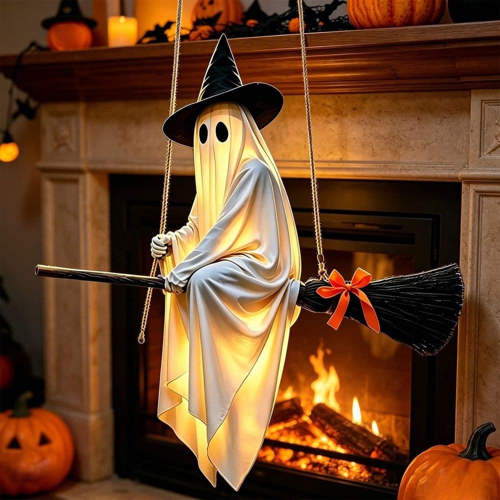 Halloween Hanging Ghosts Decorations Outdoor, Orange LED Light Up Ghost Decor with Battery Operated, Glowing Ghost Ornament for Indoor, Halloween Decor for Tree Garden Front Porch Yard Fall Party