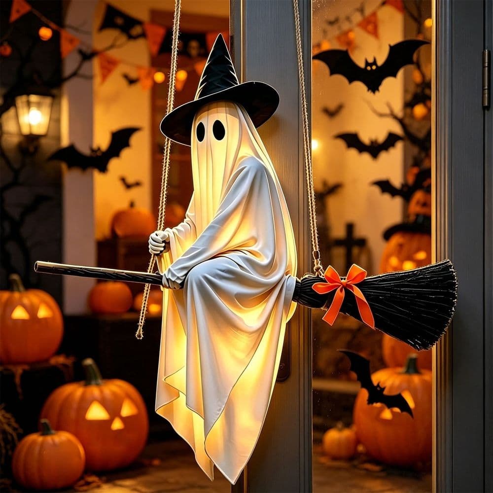 Halloween Hanging Ghosts Decorations Outdoor, Orange LED Light Up Ghost Decor with Battery Operated, Glowing Ghost Ornament for Indoor, Halloween Decor for Tree Garden Front Porch Yard Fall Party