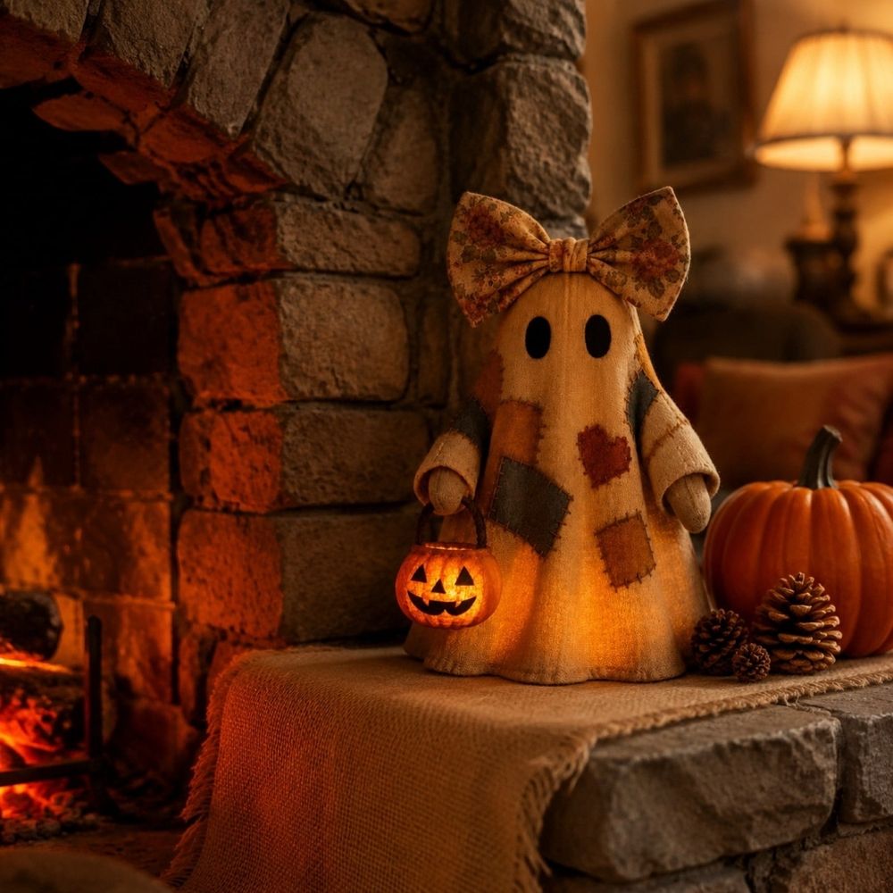 Vintage Patchwork Ghost with LED Pumpkin Lighted Halloween Ghost Decor for Mantels, Shelves & Entryways
