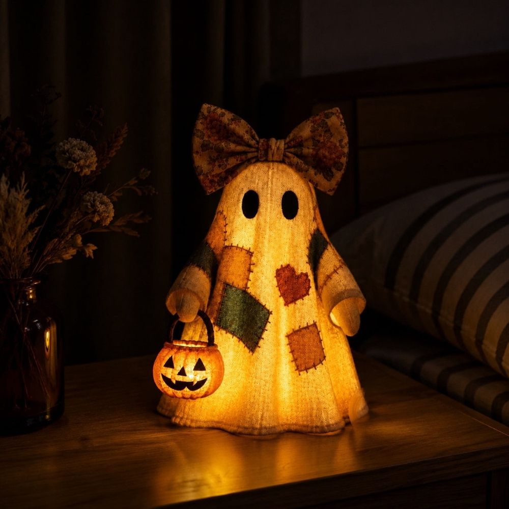 Vintage Patchwork Ghost with LED Pumpkin Lighted Halloween Ghost Decor for Mantels, Shelves & Entryways
