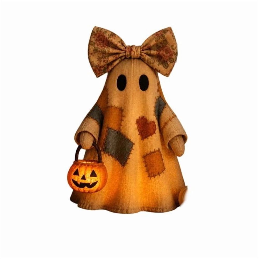 Vintage Patchwork Ghost with LED Pumpkin Lighted Halloween Ghost Decor for Mantels, Shelves & Entryways