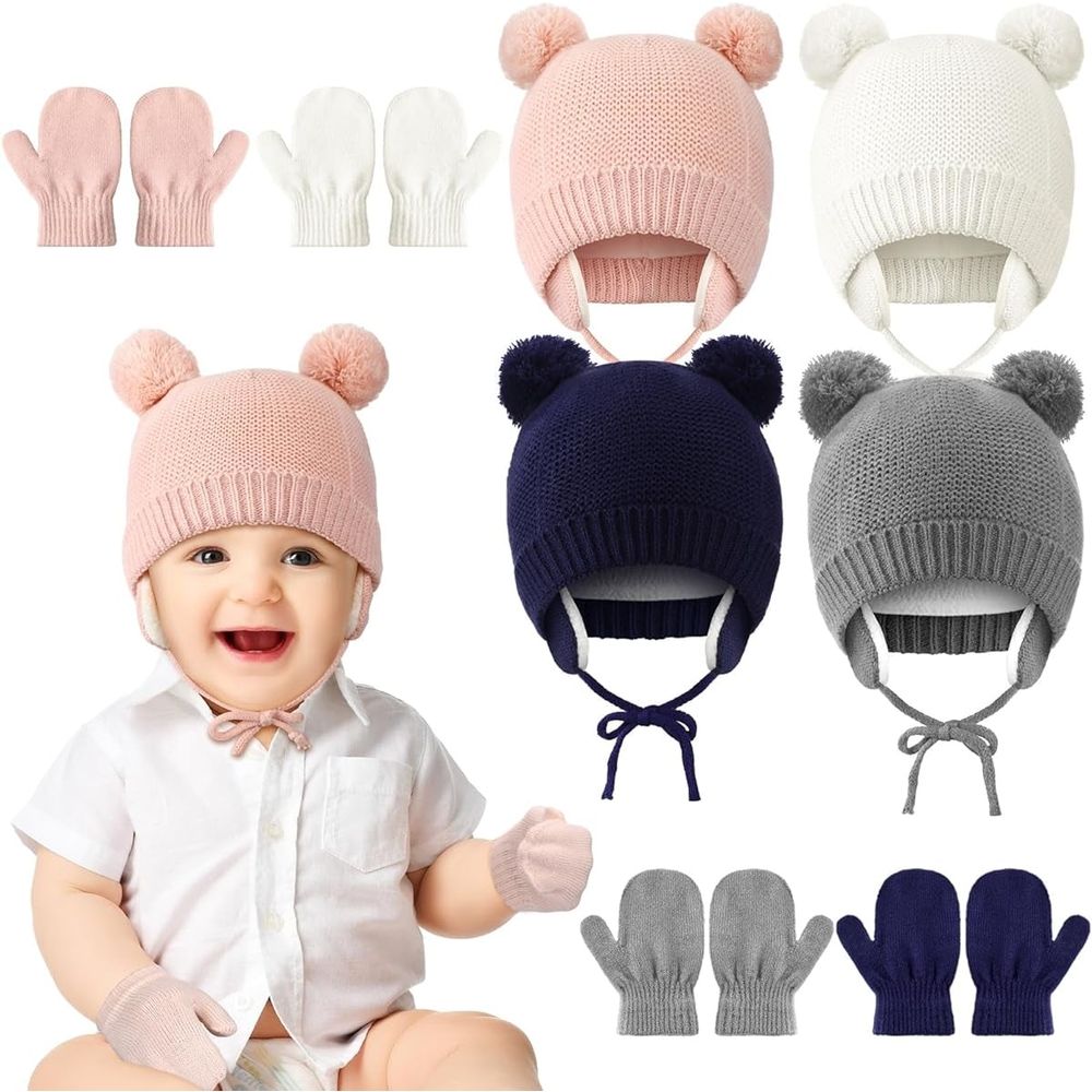 Kids Winter Hat Gloves Set for Girls Boys 1-3 Years,Toddler Earflap Beanie Ear Warmer Mittens Fleece Lined Set
