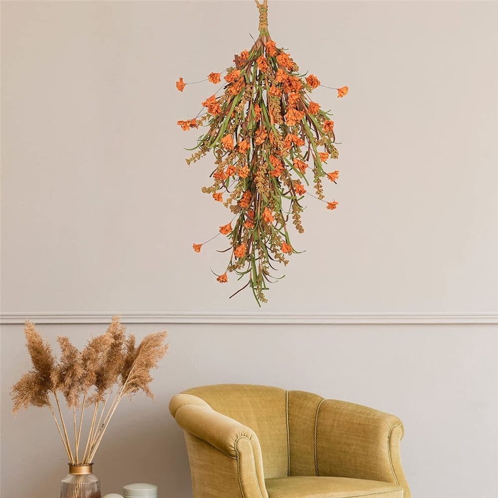 Fall Harvest Teardrop , 25In Artificial Fall Wheat Ears Swag, Hanging Simulation Flower Teardrop for Front Door Decor Thanksgiving Christmas Halloween Wall Decor