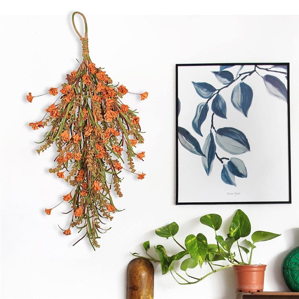 Fall Harvest Teardrop , 25In Artificial Fall Wheat Ears Swag, Hanging Simulation Flower Teardrop for Front Door Decor Thanksgiving Christmas Halloween Wall Decor