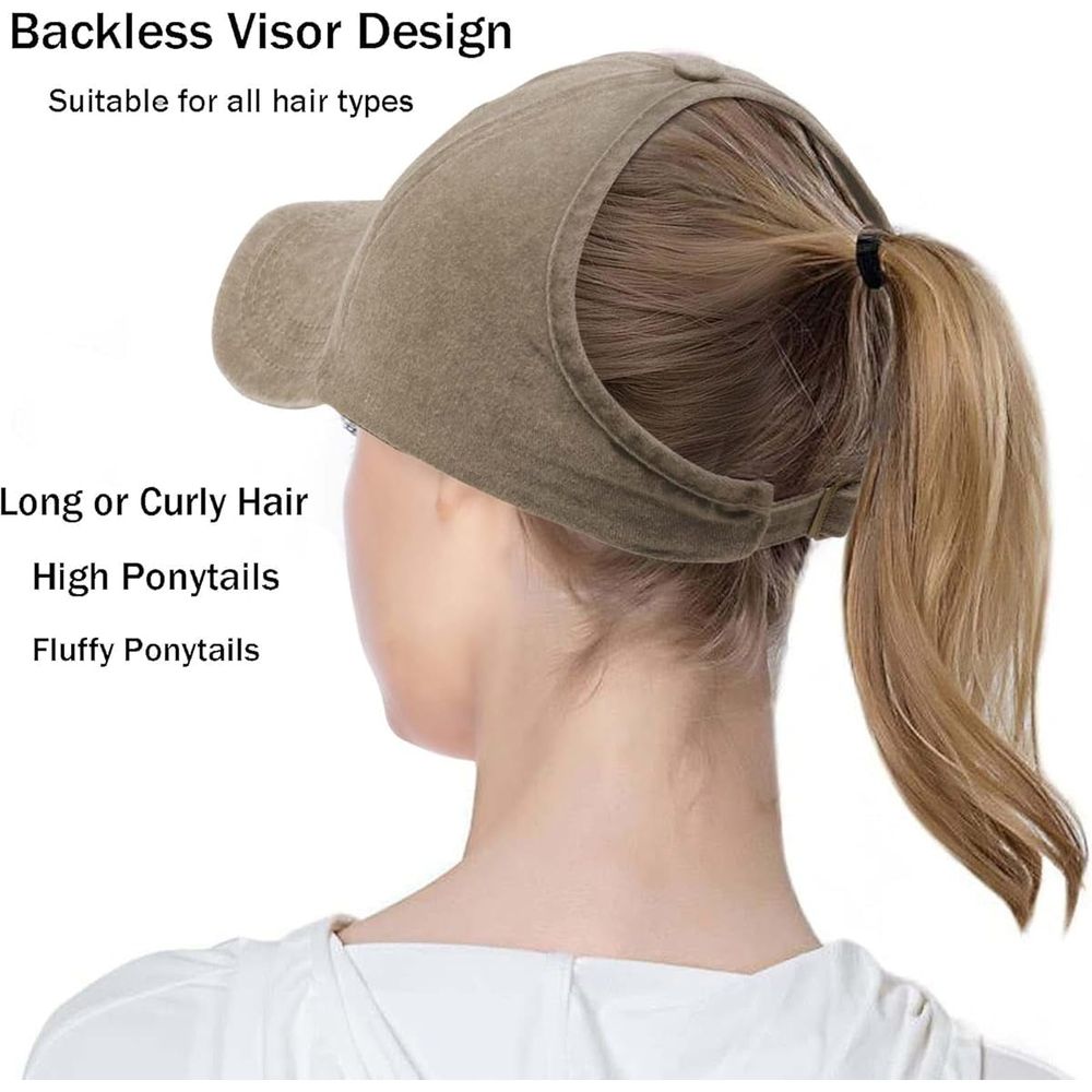 Backless Ponytail Baseball Caps for Women Curly Hair Hats Adjustable Cotton Sun Visor Cap Messy Bun Ponytail Cap