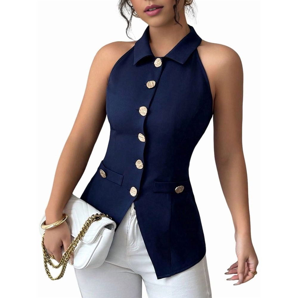 Women'S Halter Neck Vest with Lapel Collar and Button Down Design for Business Casual Wear XXL