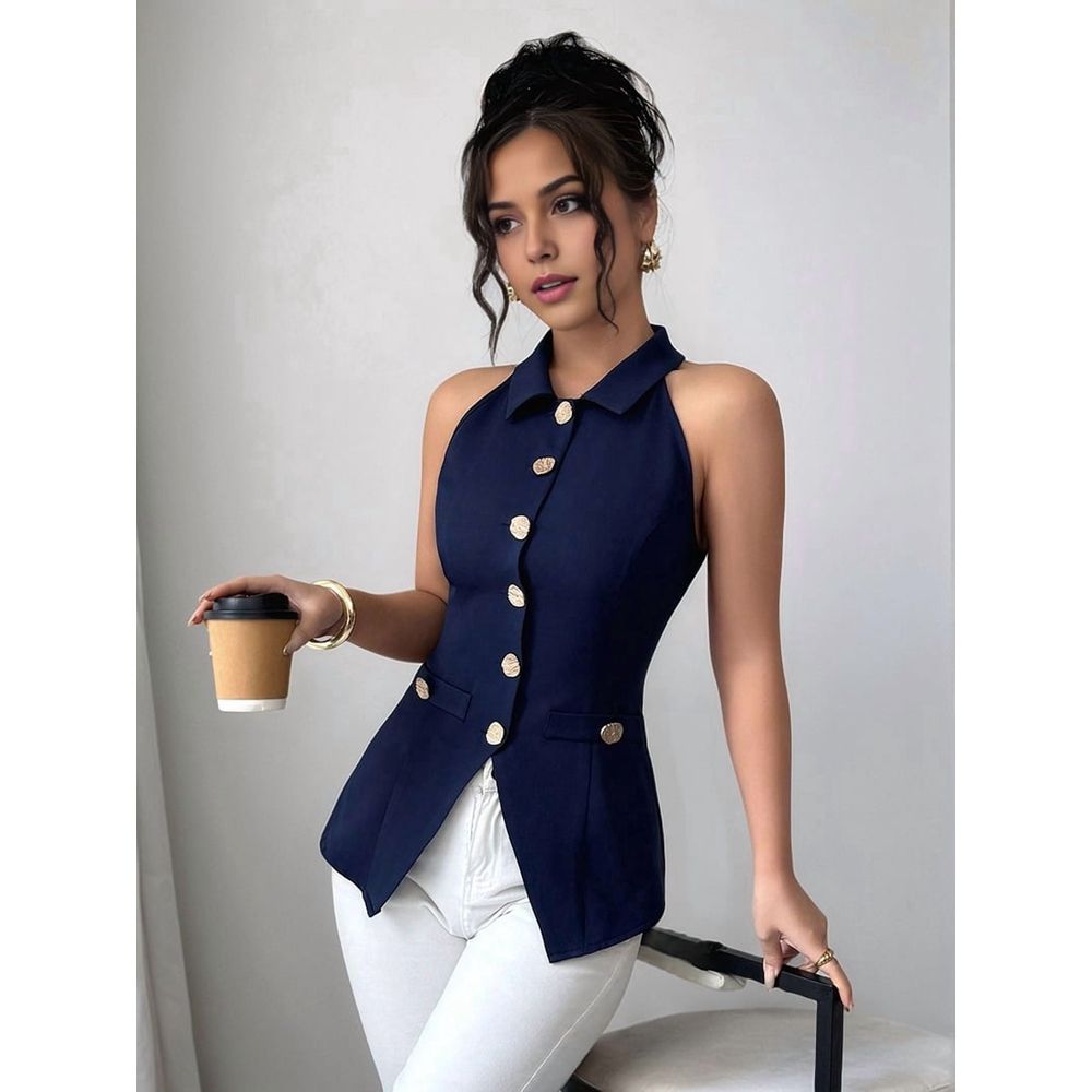Women'S Halter Neck Vest with Lapel Collar and Button Down Design for Business Casual Wear XXL